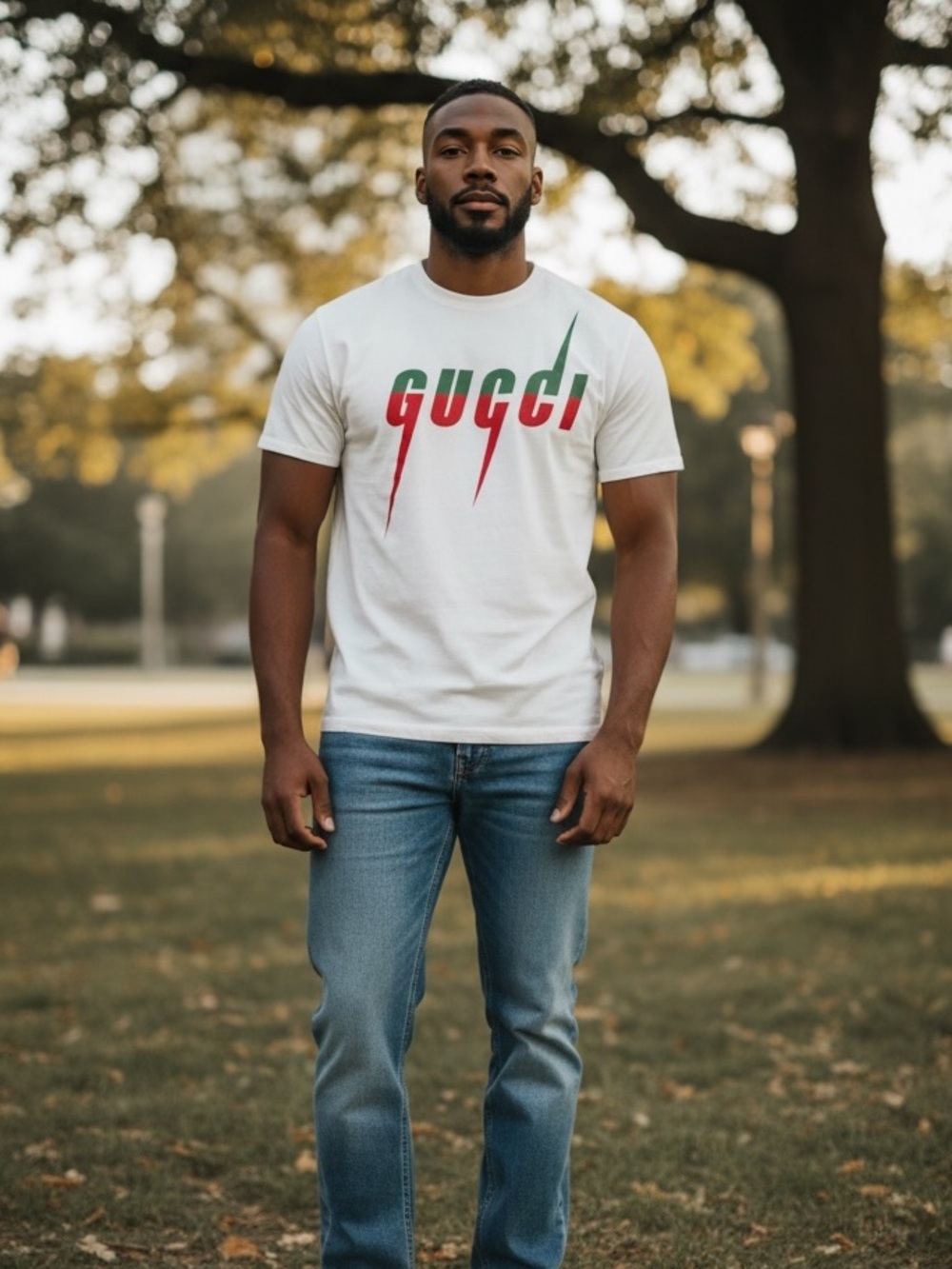 Gucci Cream T-Shirt with Red and Green Logo